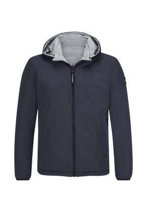 Marineblaue Kapuzenjacke mit durchgehendem Reißverschluss und grauem Futter. Sie verfügt über lange Ärmel und eine glatte Außentextur.