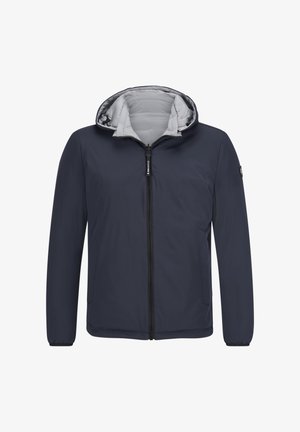 Marineblaue Kapuzenjacke mit durchgehendem Reißverschluss und grauem Futter. Sie verfügt über lange Ärmel und eine glatte Außentextur.