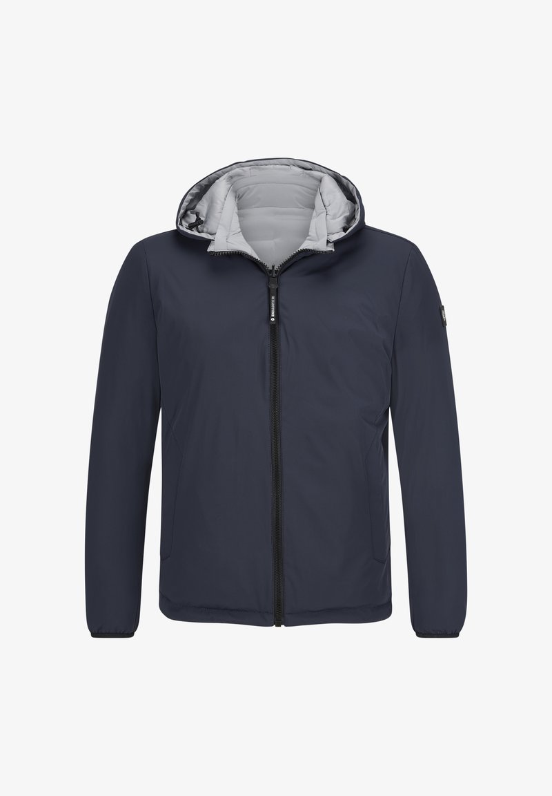 Marineblaue Kapuzenjacke mit durchgehendem Reißverschluss und grauem Futter. Sie verfügt über lange Ärmel und eine glatte Außentextur.