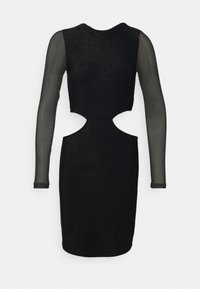 Černé šaty s dlouhými průhlednými rukávy, výřezovými designy v pase a třpytivým materiálem. Hladký povrch s kulatým výstřihem.