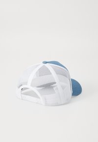 Light blue cap with a front fabric panel and white mesh back, featuring a curved brim and adjustable plastic snap closure.
