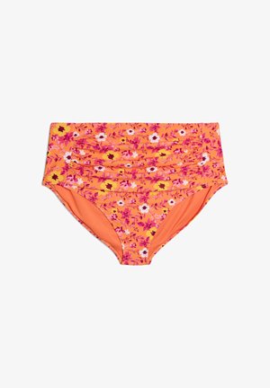 Bas de bikini taille haute en orange vif avec un motif floral rose et blanc ; présente une texture froncée et une doublure orange unie.