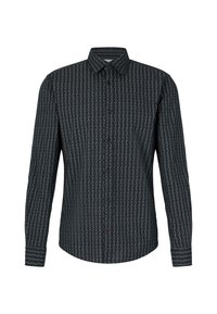 Camicia a maniche lunghe in tessuto nero con un motivo testurizzato di forme interconnesse. Presenta un colletto con bottoni e bottoni frontali.