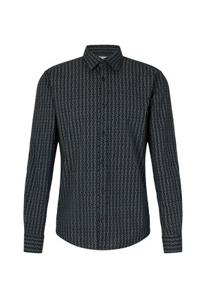 Langarmshirt van zwarte stof met een textuurpatroon van in elkaar grijpende vormen. Heeft een kentkraag en knopen aan de voorkant.