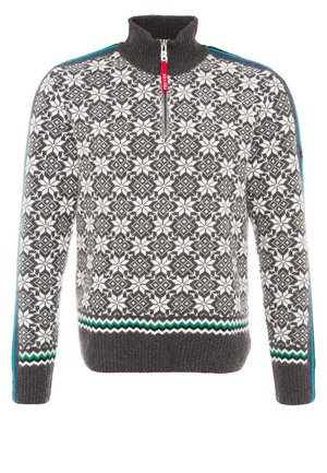 Pull en tricot gris foncé et blanc à motif, avec accents de rayures vertes et bleues, col à demi-fermeture éclair, et motif géométrique de flocon de neige.