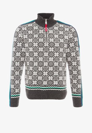 Maglione lavorato a maglia con motivo a grigio scuro e bianco, dettagli a strisce verdi e blu, collo con mezza cerniera e design geometrico a fiocco di neve.