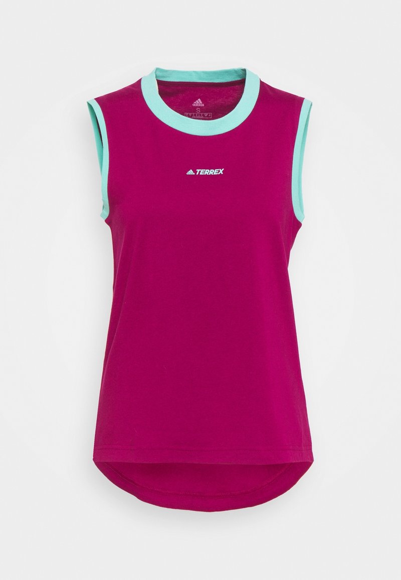 Ärmelloses Sportoberteil in Fuchsia mit einem hellblauen Kragen. Verfügt über einen abgerundeten Saum und das weiße "TERREX"-Logo auf der Brust.