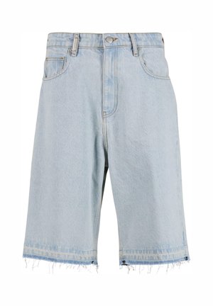 Light blue denim shorts with a relaxed fit, frayed hem, five-pocket design, and contrasting stitching on the waistband.