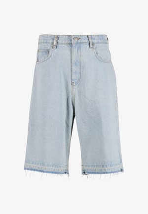 Șorturi din denim de culoare albastru deschis, cu un croi lejer, margine desfăcută, design cu cinci buzunare și cusături contrastante pe talie.