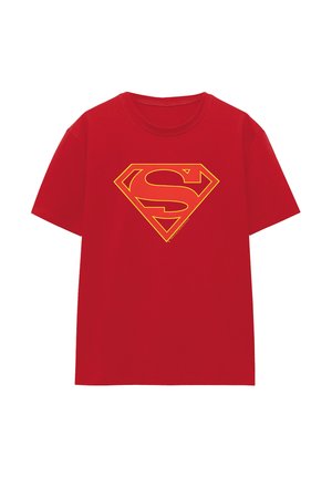 Red short-sleeve T-shirt with a large yellow outlined Superman "S" logo centered on the front.