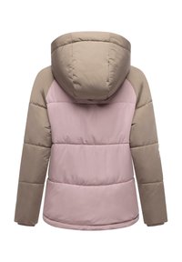 Veste rembourrée avec un design coloré en bloc beige et rose clair, dotée d'une capuche, de poignets côtelés et d'une texture lisse.