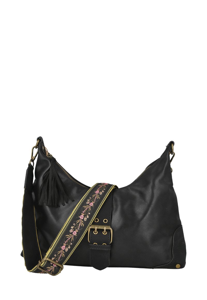 Bolso de cuero negro con una gran forma, que presenta una correa decorativa con bordado floral, un borlas y detalles metálicos.