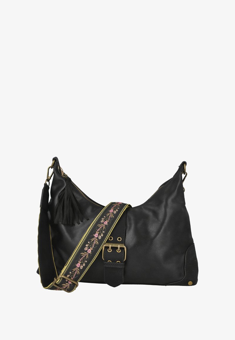 Bolso de cuero negro con una gran forma, que presenta una correa decorativa con bordado floral, un borlas y detalles metálicos.