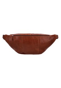 Brown leather fanny pack with a smooth texture, featuring a zip closure, adjustable strap, and a curved shape. Two side panel accents.