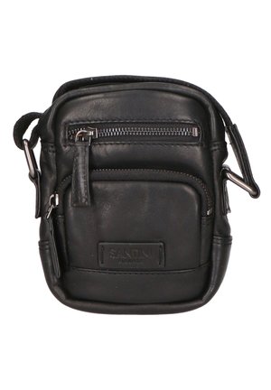 Borsa a tracolla in pelle nera con tasca frontale con zip, tracolla regolabile e dettaglio logo impresso. Design compatto, texture liscia.