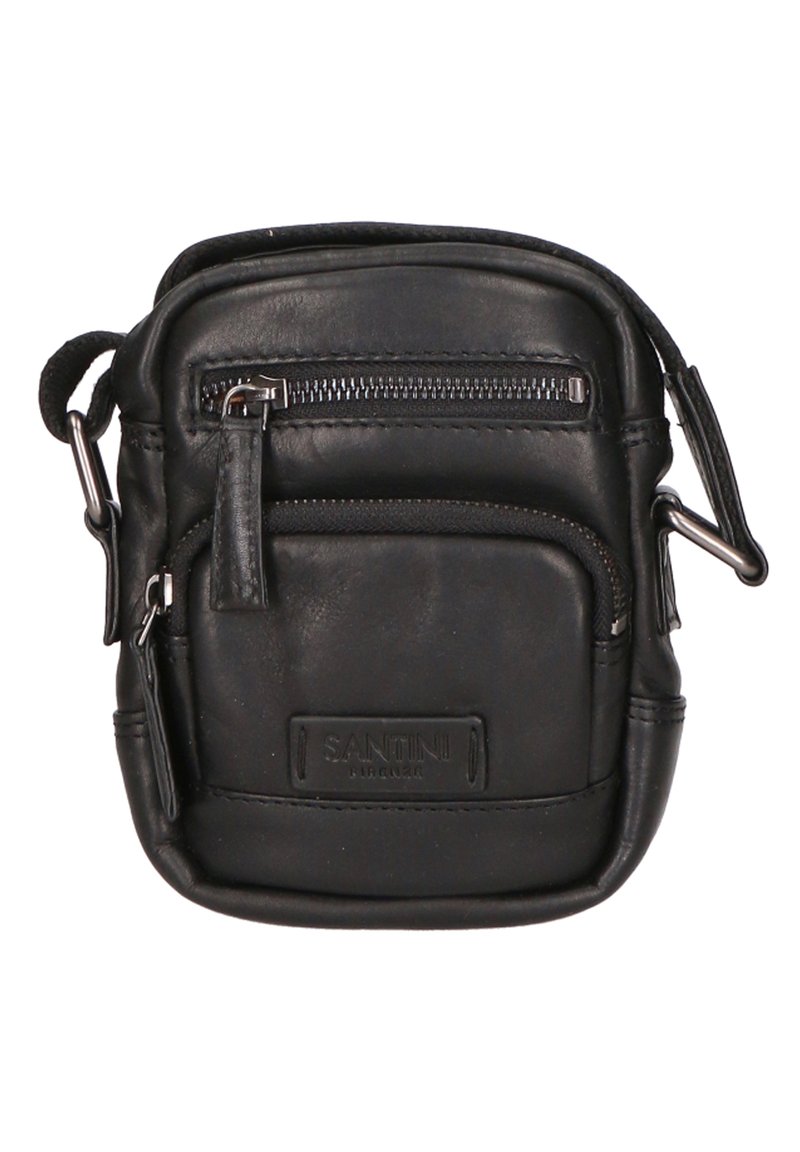 Borsa a tracolla in pelle nera con tasca frontale con zip, tracolla regolabile e dettaglio logo impresso. Design compatto, texture liscia.