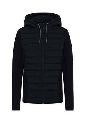 Veste à capuche marine avec un devant matelassé, des manches lisses, une fermeture éclair à l'avant, deux poches latérales et des cordons de serrage contrastants.