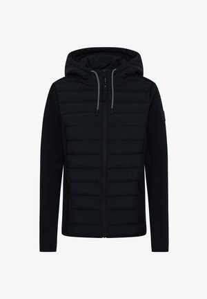 Marineblaue Kapuzenjacke mit gesteppter Vorderseite, glatten Ärmeln, vorneem Reißverschluss, zwei seitlichen Taschen und kontrastierenden Kordeln.