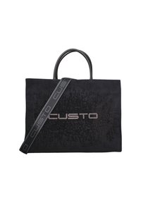Sac fourre-tout en suède noir avec un motif texturé et "CUSTO" en clous métalliques. Équipé de poignées noires et d'une sangle ajustable.