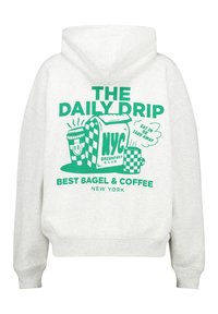 Grå huvtröja med grön grafisk text och illustrationer av mat och dryck, med en avslappnad passform och dragsko i huvan.