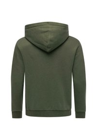 Felpa verde oliva con una texture liscia, maniche lunghe e cappuccio con cordino. Presenta un design semplice e privo di decorazioni.