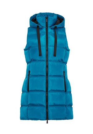 Teal puffy vest med hætte, frontlynlås og sorte detaljer. Har quiltet design og to sidelommer. Glat, blank tekstur.