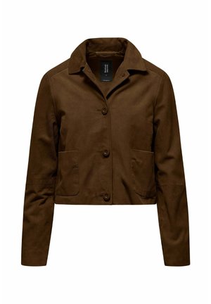 Brązowa krótka kurtka z długimi rękawami, zapinana na guziki, z dwoma przednimi kieszeniami i klasycznym kołnierzem.