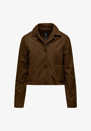 Giacca corta marrone con maniche lunghe, chiusura con bottoni, due tasche frontali e colletto classico.