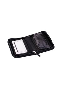 Black zippered wallet with textured exterior, featuring a card slot, a zippered compartment, and a notepad with a decorative border.