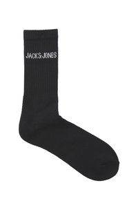 Schwarze gerippte Socken mit dem weißen "JACK & JONES" Logo, im klassischen Knöchelschnitt und aus weichem Baumwollmaterial.