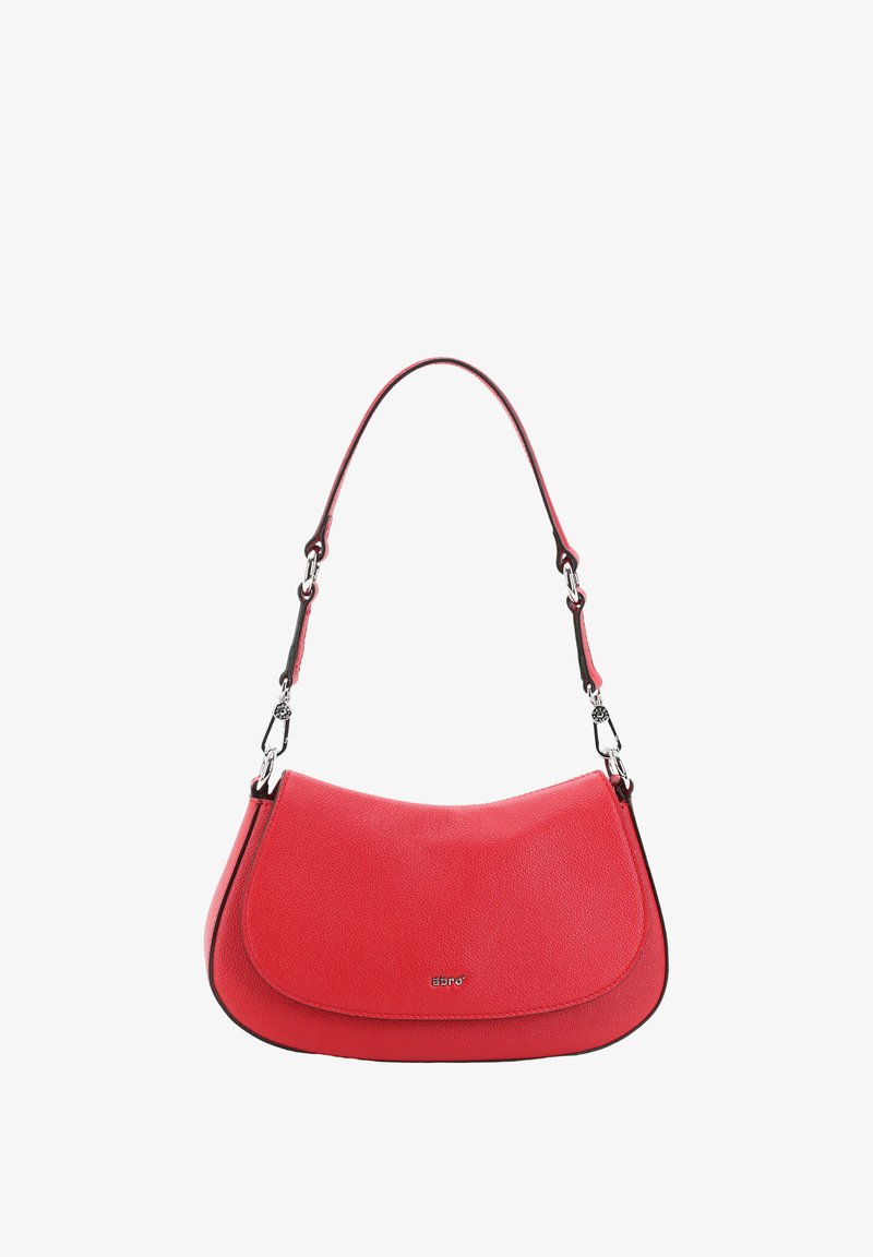 Red leather handbag with a curved design, textured surface, and a detachable shoulder strap. Silver hardware accents complete the look.
