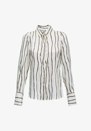 Blouse blanche avec des rayures verticales brunes, fermeture à boutons à l'avant, col pointu et manches longues avec détails aux poignets. Tissu lisse et léger.