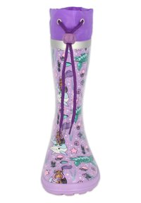 Botte de pluie en caoutchouc violet avec une finition brillante, présentant un design sous-marin fantaisiste avec des sirènes, des créatures marines et des bulles. Haut ajustable.