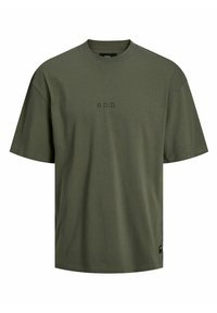T-shirt verde oliva in cotone con scollo tondo, maniche corte e le lettere "R.D.D." stampate in grigio scuro sul davanti.
