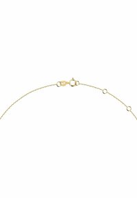 Goldene Halskette mit einem zarten, verbundenen Design, einem Karabinerhakenverschluss und gleichmäßig entlang der Kette verteilten kreisförmigen Akzenten.