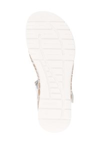 White rubber sole with a textured tread pattern, complemented by a woven brown upper design. Brand name "remonte" engraved on side.