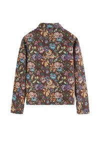 Veste marron à manches longues avec un motif floral coloré dans des tons de bleu, jaune, violet et vert, vue de dos.