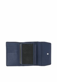 Navy leather wallet with six card slots, a mesh ID window, and a snap closure. Features a textured interior and smooth exterior.