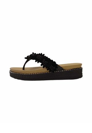 Sandalo infradito con zeppa nero, suola beige e cinturino floreale nero decorativo con perline.
