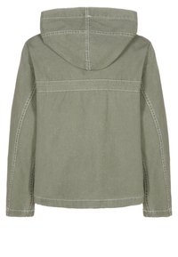 Veste à capuche kaki au design simple, avec des accents de couture visibles et une coupe décontractée et ample. Tissu doux et texturé.