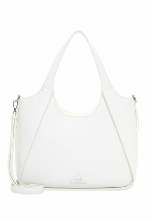 White leather handbag with short handles, triangular front panel, and detachable long shoulder strap with silver clasp.