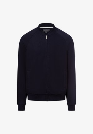 Giacca navy con zip realizzata in tessuto morbido. Caratterizzata da maniche raglan, colletto a costine, tasche laterali e orlo aderente con polsini elasticizzati.