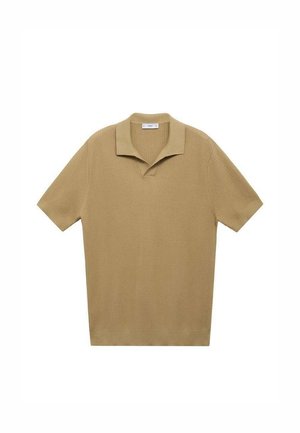 Short-sleeve polo shirt in light brown ribbed knit fabric; features a notch collar and a straight hem, with textured lines throughout.