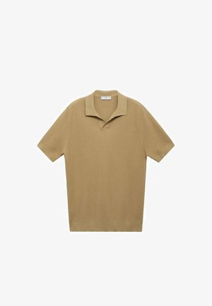 Short-sleeve polo shirt in light brown ribbed knit fabric; features a notch collar and a straight hem, with textured lines throughout.