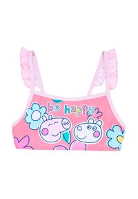 Top da bagno rosa con spalline arricciate, grafiche di animali a cartoni animati e motivi floreali. Testo: "sii felice". Realizzato in tessuto elasticizzato.
