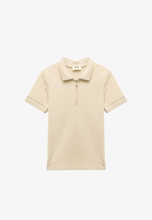 Beige Poloshirt mit kurzen Ärmeln aus strukturiertem Stoff, mit einem Reißverschluss am Kragen, geripptem Kragen und gemusterten Bündchen.