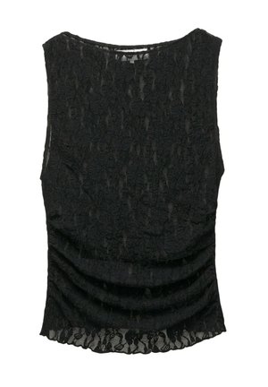 Top senza maniche in pizzo nero con un motivo texture, caratterizzato da dettagli arricciati sul davanti e un colletto arrotondato.