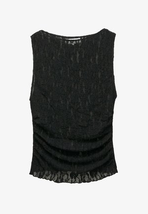 Top senza maniche in pizzo nero con un motivo texture, caratterizzato da dettagli arricciati sul davanti e un colletto arrotondato.