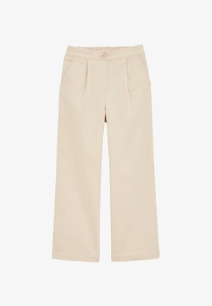 Pantaloni beige a gamba larga con chiusura a bottone, vita elastica, pieghe frontali e tasche laterali. Realizzati in tessuto texturizzato.
