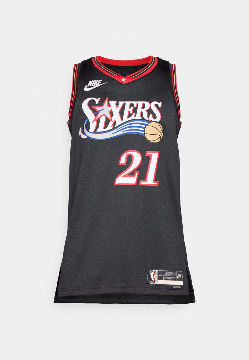 Black basketball jersey with red accents, featuring the text "SIXERS," the number "21," and a basketball graphic. Nike logo at the neckline.